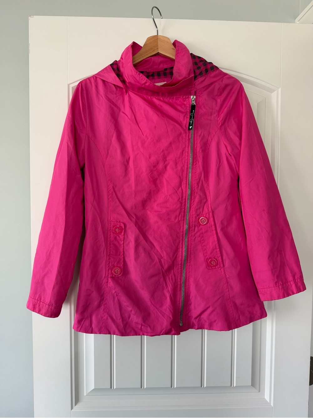 Jessica Simpson Hot Pink Asymmetrical Zip Hooded Raincoat